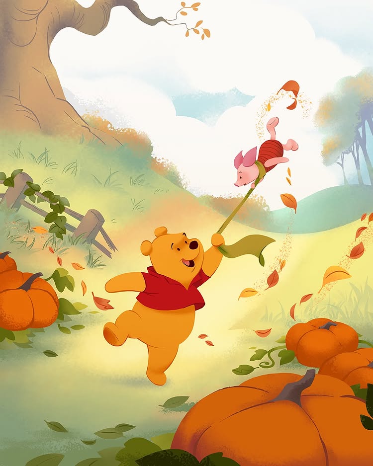 Instagram post by @disney: From one cozy moment to the next, fall has a way of connecting us all. 🍂🧡 🎨 Commissioned artwork …