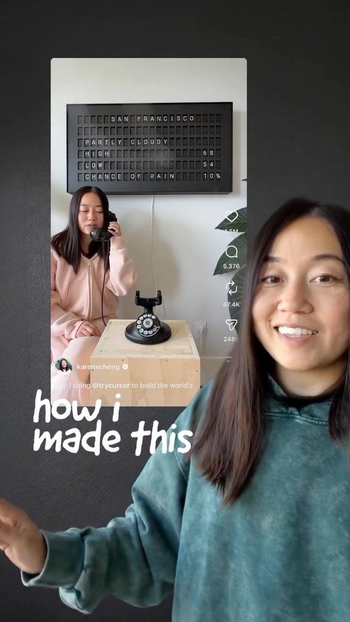 Instagram post by @karenxcheng: Comment CURSOR and I’ll send you a link to try it! Behind the scenes with @trycursor #Cursorpartner …
