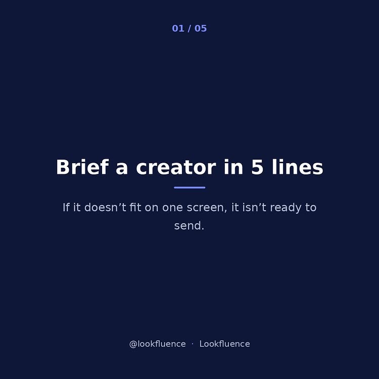 Instagram post by @lookfluence: Brief a creator in 5 lines. 1–2 Audience + message 3–4 Offer + KPI 5 Non-negotiables If it doesn’t f…