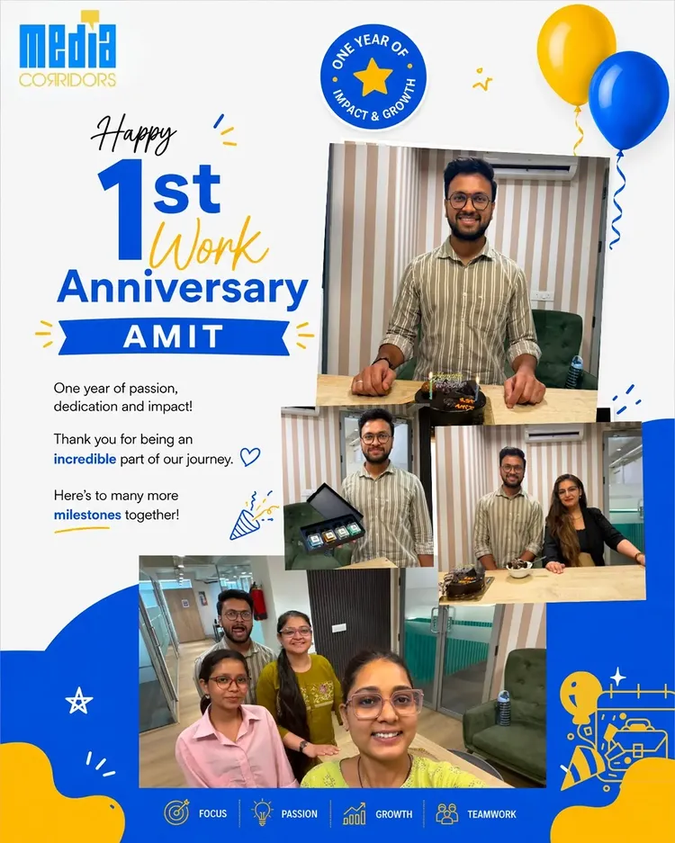 Instagram post by @media_corridors: Cheers to one amazing year, Amit! 🎉💙 What started as the beginning of a new journey has now become…