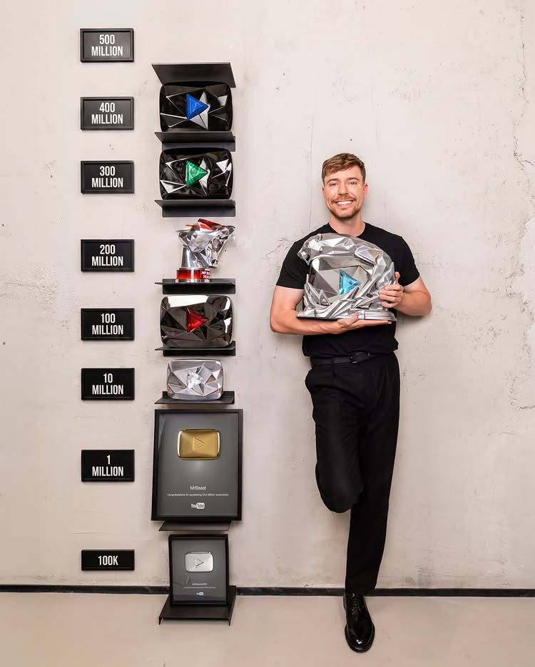 Instagram post by @mrbeast: Had to update the play button wall ❤️