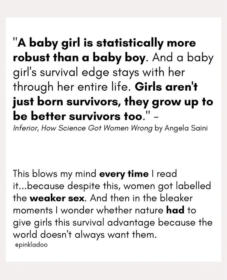Instagram post by @pinkladoo: Study after study from AROUND THE WORLD showing this. Statistically, baby girls are less likely to d…