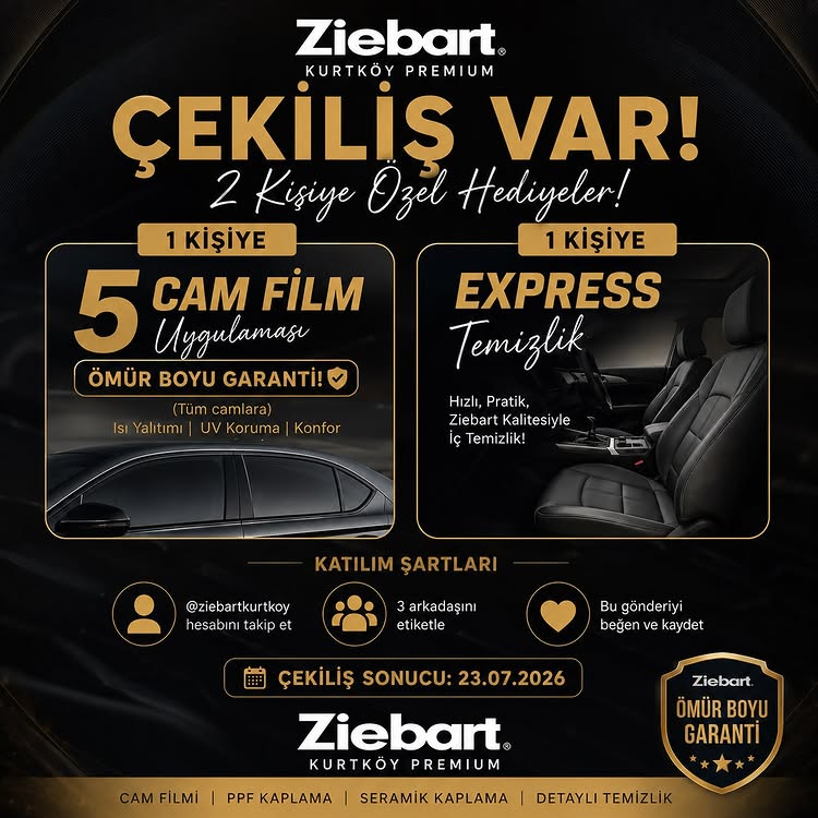 Instagram post by @ziebartkurtkoypremium: 🎉 ÇEKİLİŞ VAR! 🎉 2 Kişiye Özel Hediyeler! 🖤✨ 🏆 1 Kişiye 🚗 5 Cam Film Uygulaması ✅ Tüm camlara u…